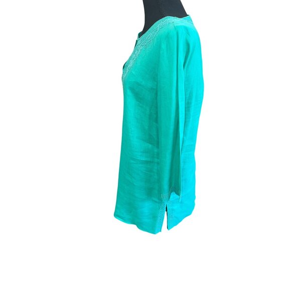 Peter Nygard Teal Linen Tunic Top Embroidered Detail 8 Sustainable Minimalist - Picture 4 of 9